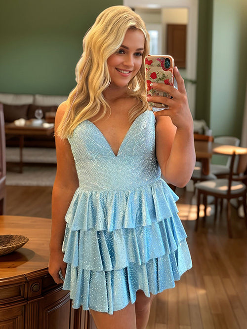 A-line V-neck Cascading Ruffles Short/Mini Corset Dress