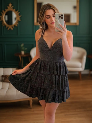 A-line V-neck Cascading Ruffles Short/Mini Corset Dress