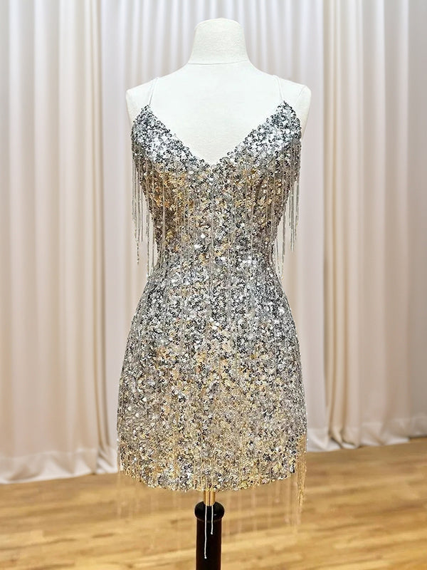 Sheath Spaghetti Straps Sequin Short/Mini Dress