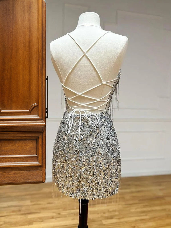 Sheath Spaghetti Straps Sequin Short/Mini Dress