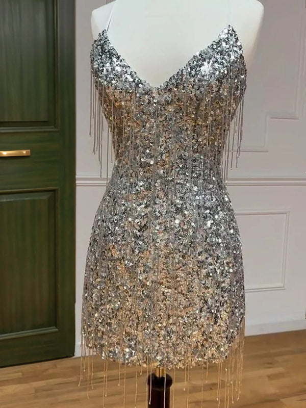 Sheath Spaghetti Straps Sequin Short/Mini Dress