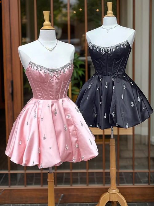 A-line Straight Rhinestone Short/Mini Satin Corset Dress