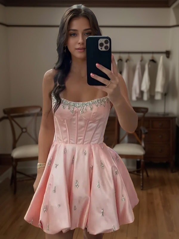 A-line Straight Rhinestone Short/Mini Satin Corset Dress