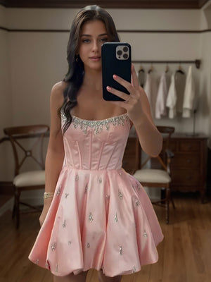 A-line Straight Rhinestone Short/Mini Satin Corset Dress