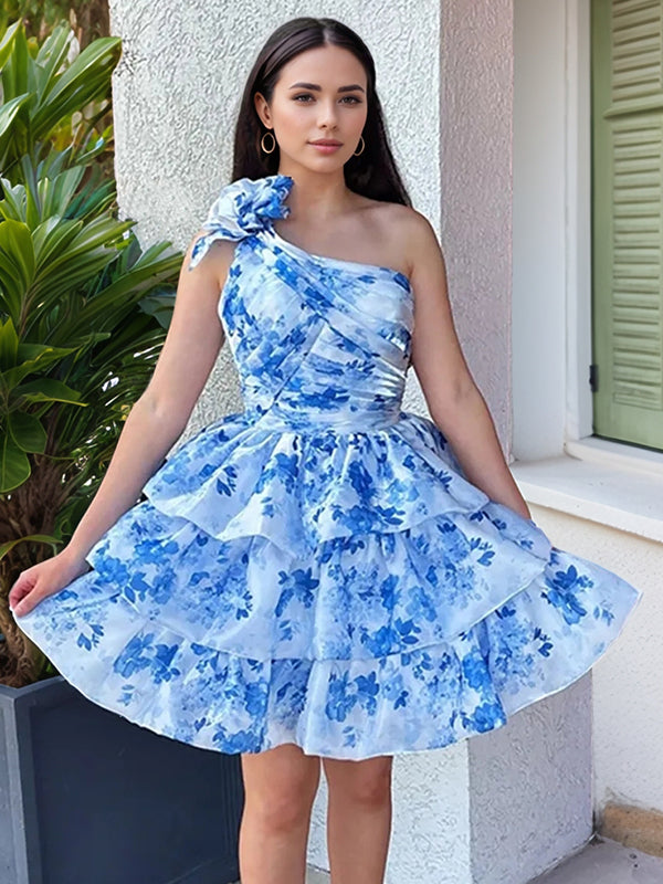 A-line One-Shoulder Cascading Ruffles Short/Mini Corset Dress