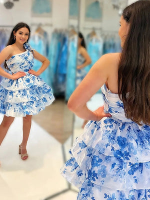 A-line One-Shoulder Cascading Ruffles Short/Mini Corset Dress