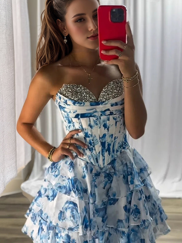 A-line Sweetheart Cascading Ruffles Short/Mini Corset Dress