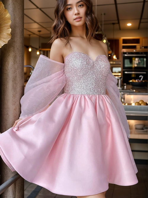 A-line Sweetheart Short Sleeves Sequin Short/Mini Satin Corset Dress