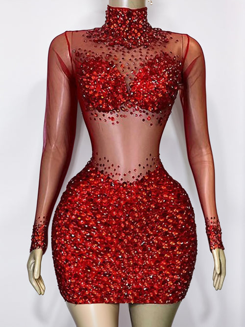 Sheath High Neck Long Sleeves Rhinestone Short/Mini Velvet Sequins Dress