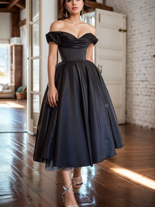 A-line Off-the-Shoulder Pleated Tea-Length Satin Corset Dress