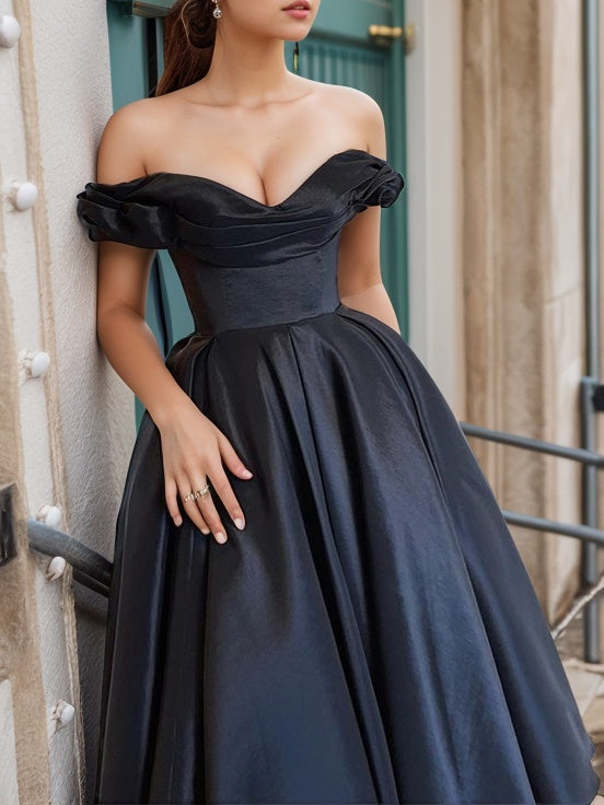 A-line Off-the-Shoulder Pleated Tea-Length Satin Corset Dress