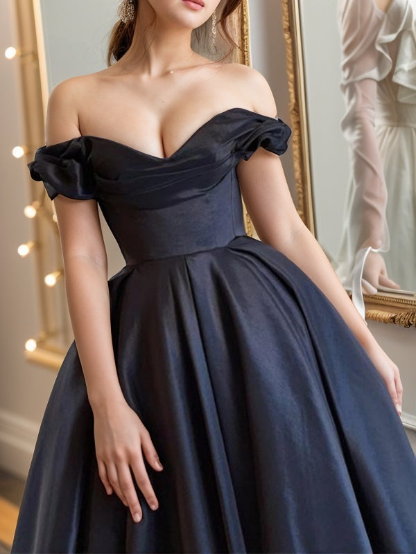 A-line Off-the-Shoulder Pleated Tea-Length Satin Corset Dress