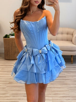 A-line Straight Bow Short/Mini Taffeta Corset Dress