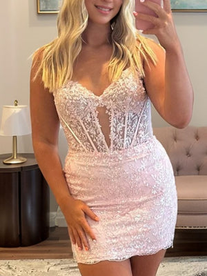 Sheath Spaghetti Straps Appliques Lace Short/Mini Tulle Corset Dress