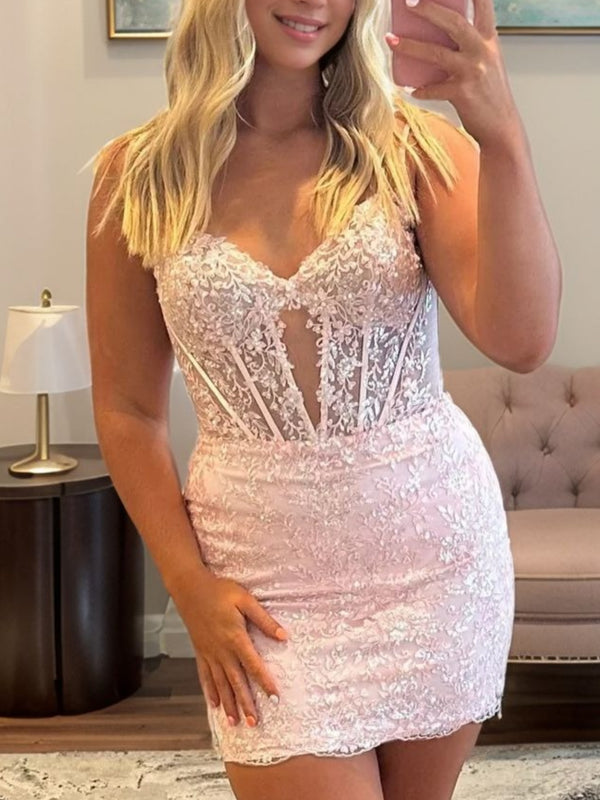 Sheath Spaghetti Straps Appliques Lace Short/Mini Tulle Corset Dress