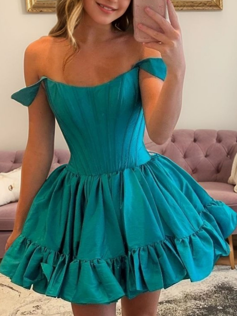 A-line Off-the-Shoulder Ruffles Short/Mini Taffeta Corset Dress