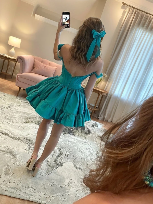 A-line Off-the-Shoulder Ruffles Short/Mini Taffeta Corset Dress