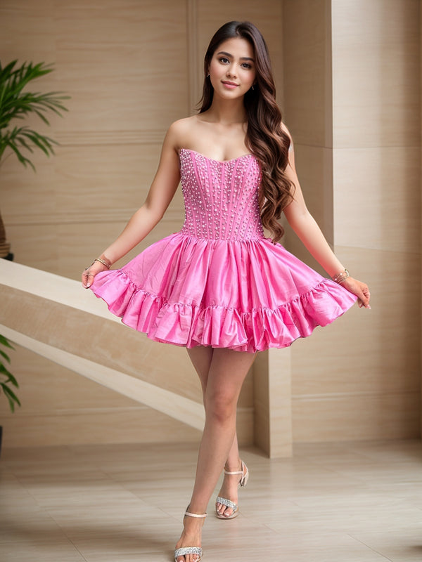 A-line Straight Beading Short/Mini Taffeta Corset Dress