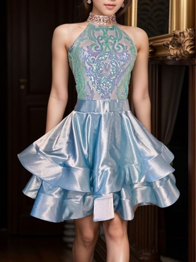 A-line Halter Cascading Ruffles Short/Mini Silk Like Satin Dress