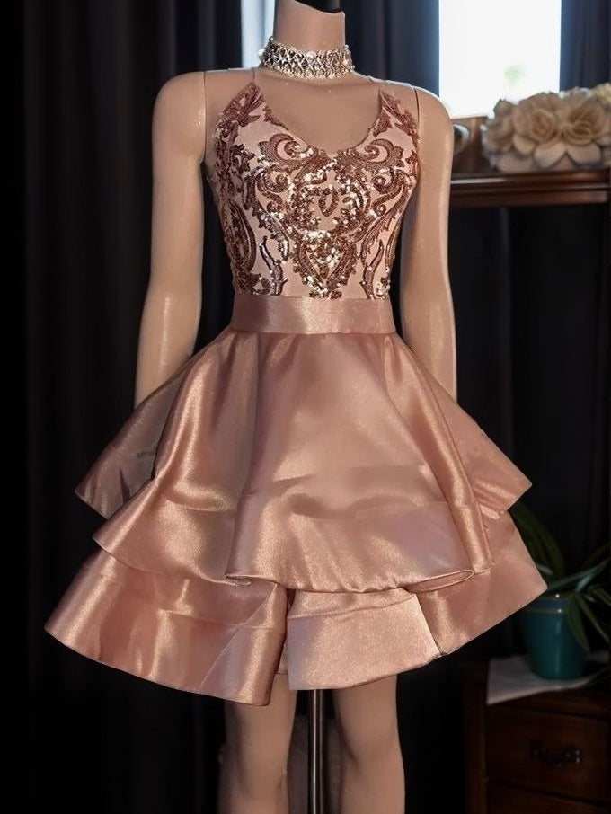 A-line V-neck Cascading Ruffles Short/Mini Silk Like Satin Dress