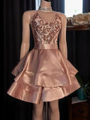 A-line V-neck Cascading Ruffles Short/Mini Silk Like Satin Dress