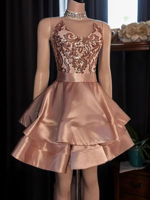 A-line V-neck Cascading Ruffles Short/Mini Silk Like Satin Dress