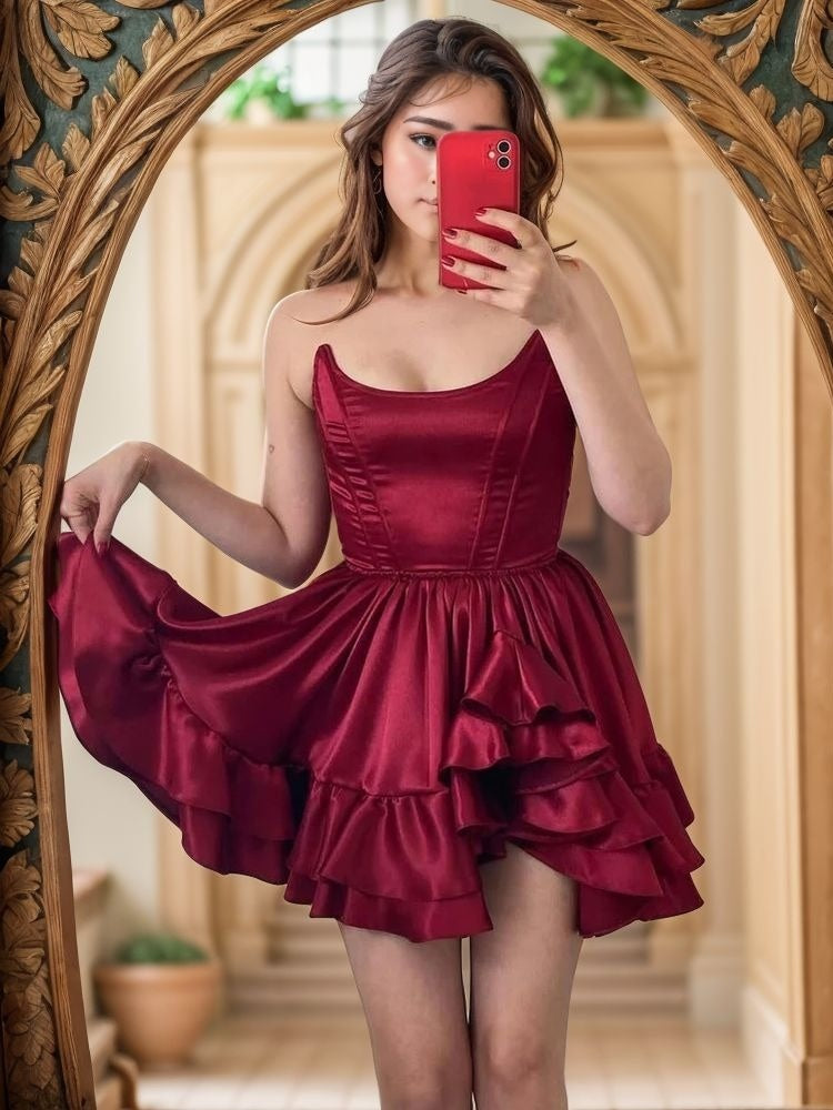 A-line Straight Ruffles Short/Mini Silk Like Satin Corset Dress