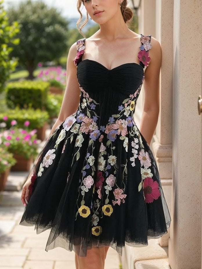 A-line Straps Appliques Lace Short/Mini Tulle Corset Dress