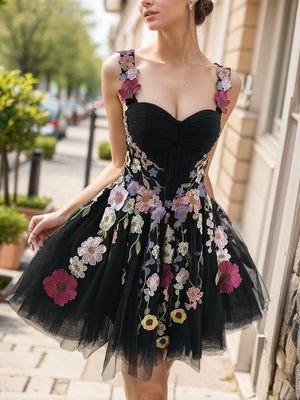 A-line Straps Appliques Lace Short/Mini Tulle Corset Dress