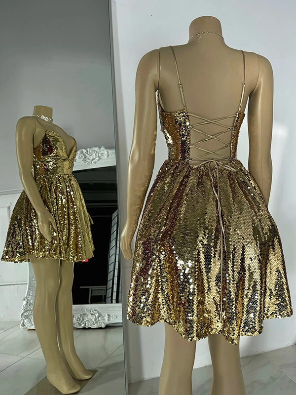 A-line V-neck Sequin Short/Mini Dress