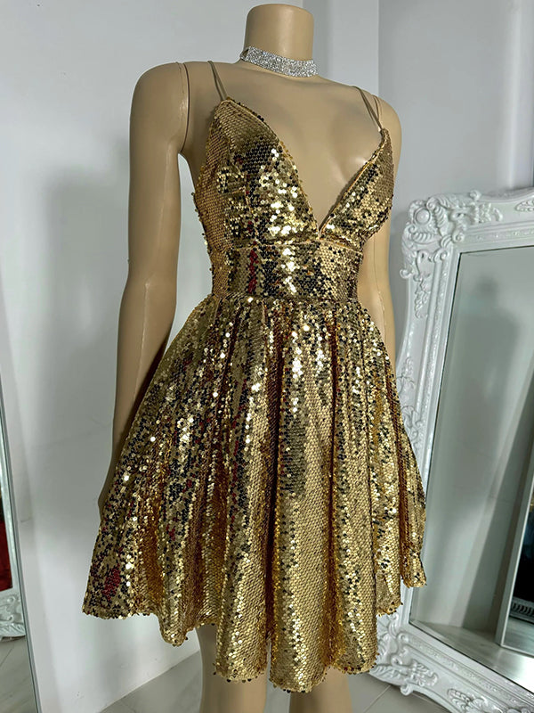 A-line V-neck Sequin Short/Mini Dress