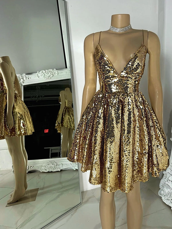 A-line V-neck Sequin Short/Mini Dress