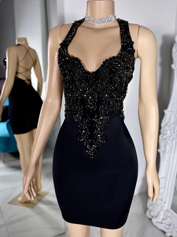 Sheath Halter Beading Short/Mini Jersey Dress