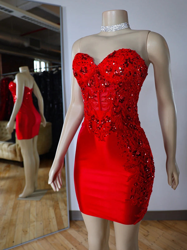 Sheath Sweetheart Appliques Lace Short/Mini Silk Like Satin Corset Dress