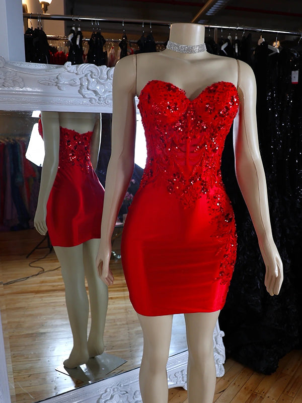Sheath Sweetheart Appliques Lace Short/Mini Silk Like Satin Corset Dress