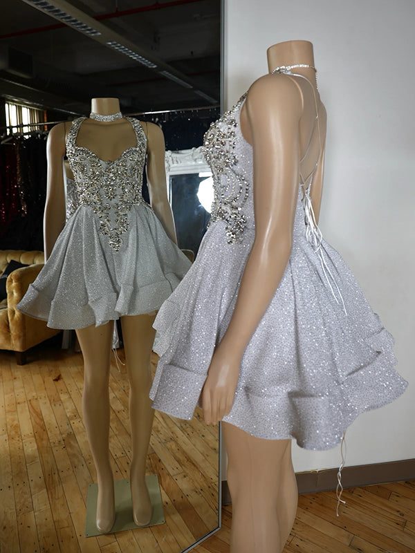 A-line Halter Beading Short/Mini Corset Dress