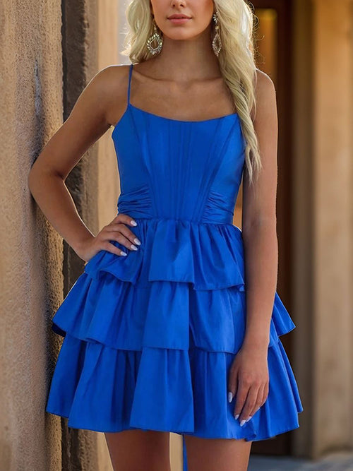 A-line Spaghetti Straps Cascading Ruffles Short/Mini Taffeta Corset Dress