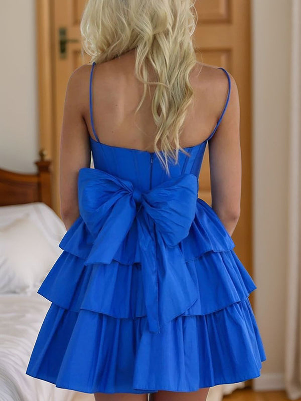 A-line Spaghetti Straps Cascading Ruffles Short/Mini Taffeta Corset Dress