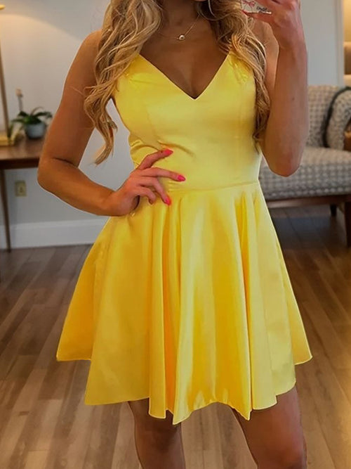 A-line V-neck Ruffles Short/Mini Silk Like Satin Dress