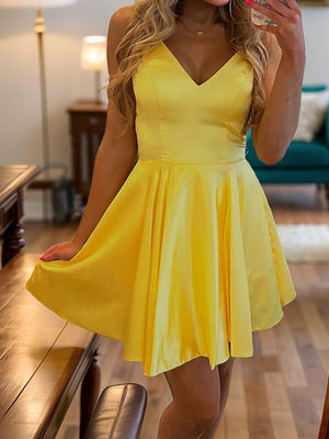 A-line V-neck Ruffles Short/Mini Silk Like Satin Dress