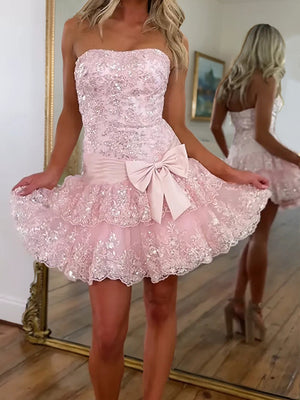 A-line Straight Cascading Ruffles Short/Mini Tulle Corset Dress