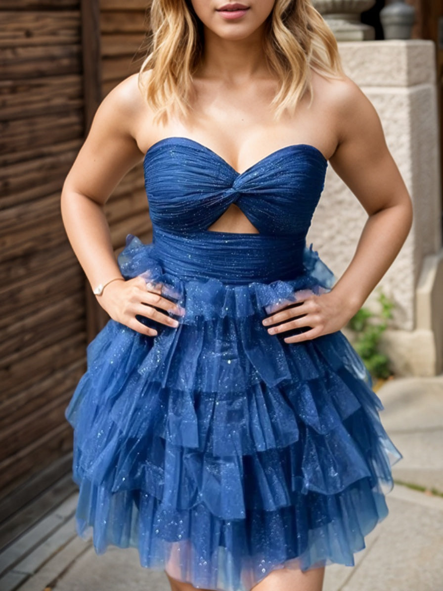 A-line Sweetheart Cascading Ruffles Short/Mini Tulle Corset Dress