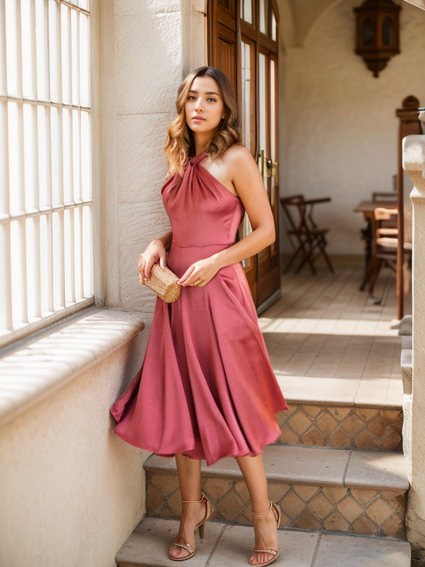 A-line Halter Ruffles Tea-Length Silk Like Satin Dress