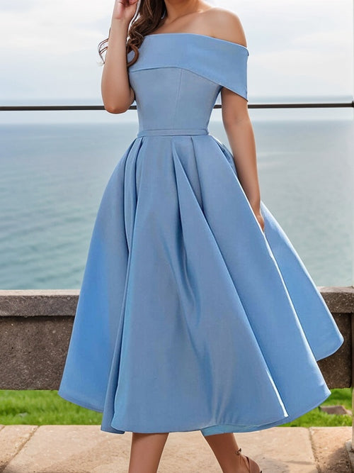 A-line Off-the-Shoulder Ruffles Tea-Length Satin Corset Dress