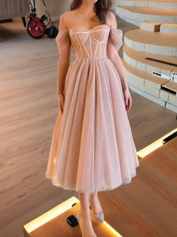 A-line Off-the-Shoulder Ruffles Tea-Length Tulle Corset Dress