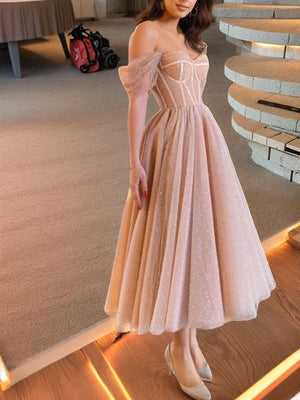 A-line Off-the-Shoulder Ruffles Tea-Length Tulle Corset Dress