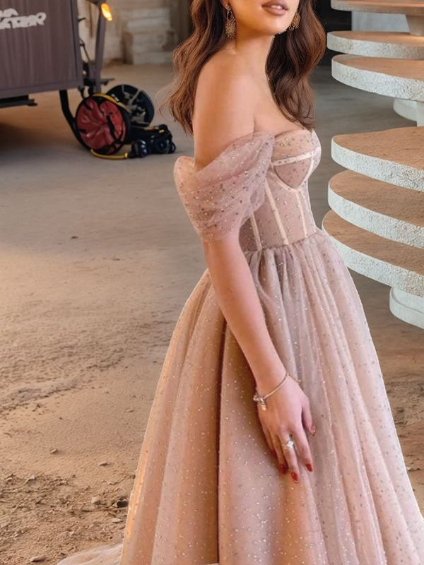 A-line Off-the-Shoulder Ruffles Tea-Length Tulle Corset Dress