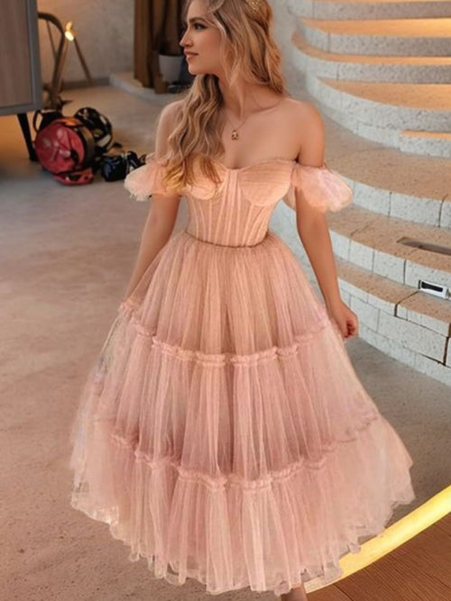 A-line Off-the-Shoulder Ruffles Tea-Length Tulle Corset Dress