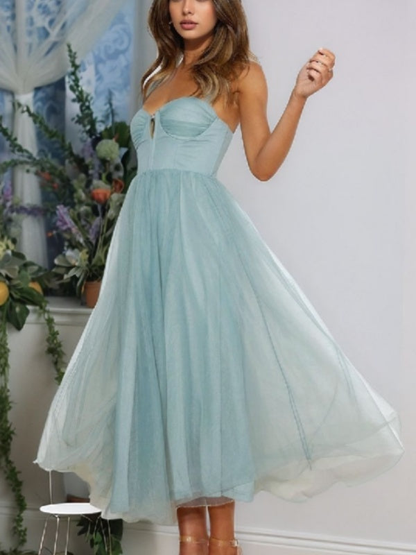 A-line Sweetheart Ruffles Tea-Length Tulle Corset Dress