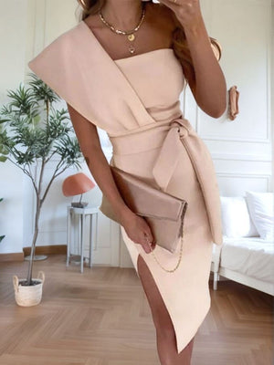 Sheath One-Shoulder Tea-Length Satin Corset Dress